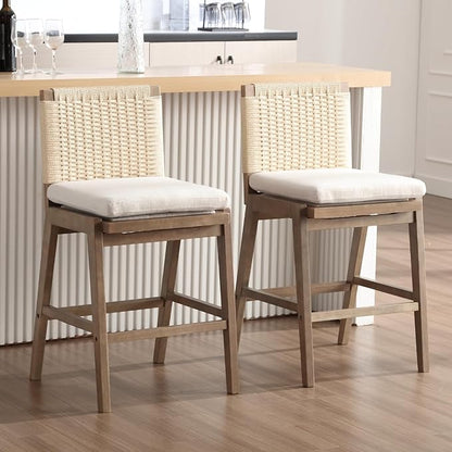Counter Height Bar Stools Set of 2, 27” Linen Fabric Upholstered Counter Stools with Back, Modern Woven Barstools Mid Century Farmhouse Wooden Bar Chairs for Kitchen Island Dining Room, Beige