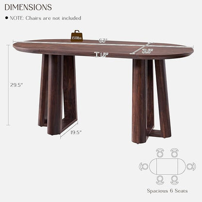 OKD 63" Dining Table for 6-8, Oval Dining Room Table with Triangular Structure Pedestal Stable Base, Curved Table Edge, Circle Kitchen Tables for Dining Room, Kitchen, Dark Walnut