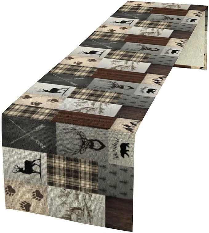 Rustic Cabin Moose Deer Bear Table Runner, Retro Vintage Bear Cottage Country by SXXLDNG