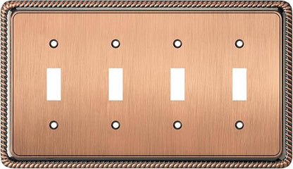 Henne Bery Rope Edge Decorative Wall Plate Switch Plate Outlet Cover (Quad Toggle, Antique Copper)