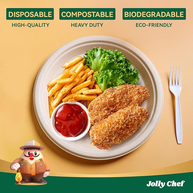 JOLLY CHEF Compostable Heavy Duty Plates 𝟭𝟬 𝗜𝗻𝗰𝗵 [𝟭𝟱𝟬 𝗣𝗮𝗰𝗸] Eco-Friendly Disposable Natural Paper Plates Bagasse Biodegradable Bulk for Party Dinner Thanksgiving Day (Brown)