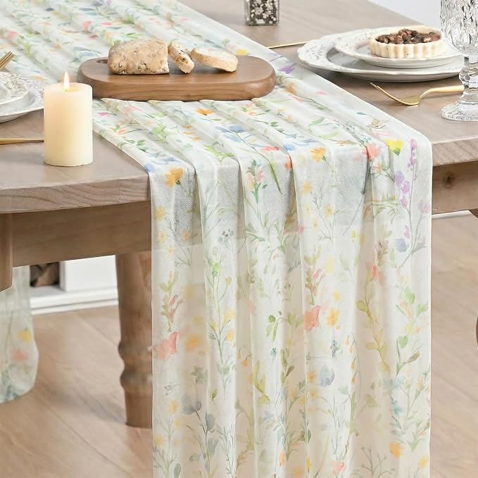 Artoid Mode Floral Spring Boho White Chiffon Table Runner 120 Inches 10FT by ArtoidMode