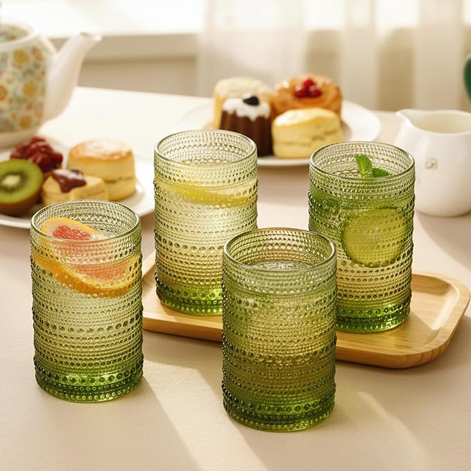 Moretoes 12 Oz Green Hobnail Drinking Glasses Set of 6, o Water Glass Cups | 12 - Image 5