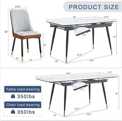 Extendable Dining Table Set for 8, 55'' to 78.8'' Rectangular Thickened Sintered Stone Kitchen Table with 8 Upholstered Chairs, Modern Space Saving 9-Piece Dinner Table Set