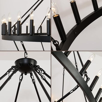 70 Inch Extra Large Wagon Wheel Chandelier 2 Tier 64-Lights Black Farmhouse Pendant Light Fixture, Round Rustic Hanging Lighting for Outdoor Porch high Ceilings Living Dining Room Foyer Entryway
