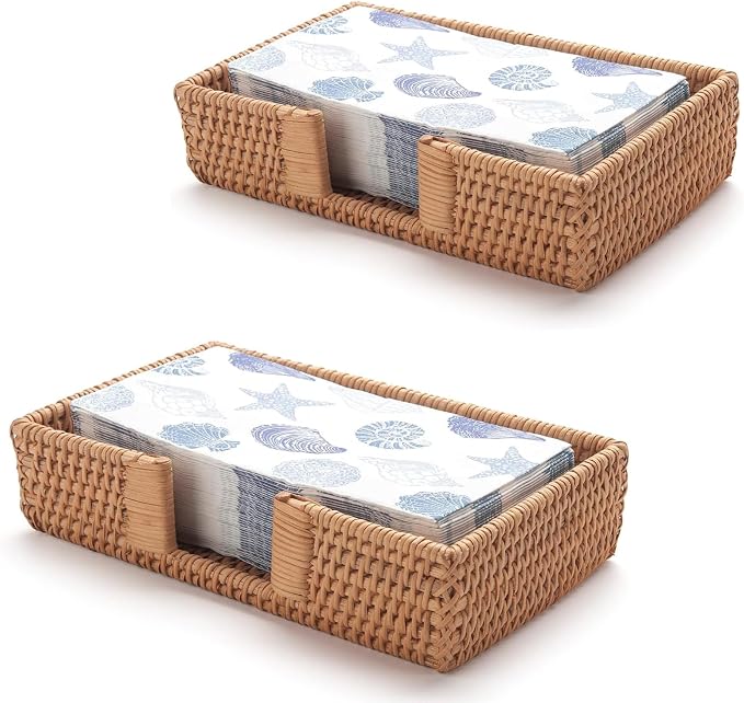 2 Pack Rattan Napkin Holder Rectangle, 9.5" x 5.5" x 2", Wicker Napkin Tray by YANGQIHOME
