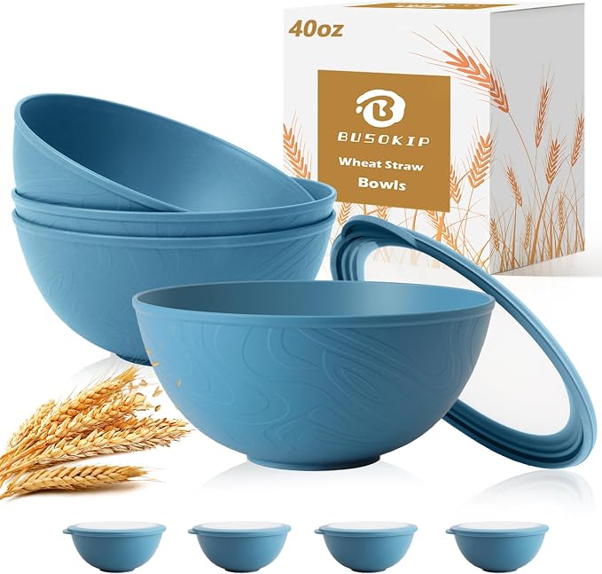 Soup Bowls with Lids, 40 OZ Wheat Straw Bowls Sets of 8, Unbreakable and by BUSOKIP