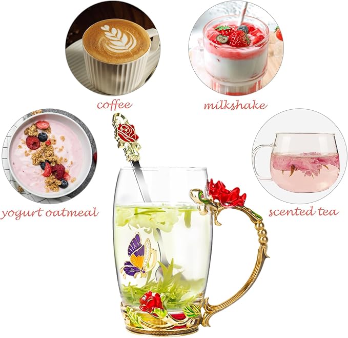 Flower Tea Cup, Butterfly Rose Clear Glass Fancy Coffee Mug - Image 3