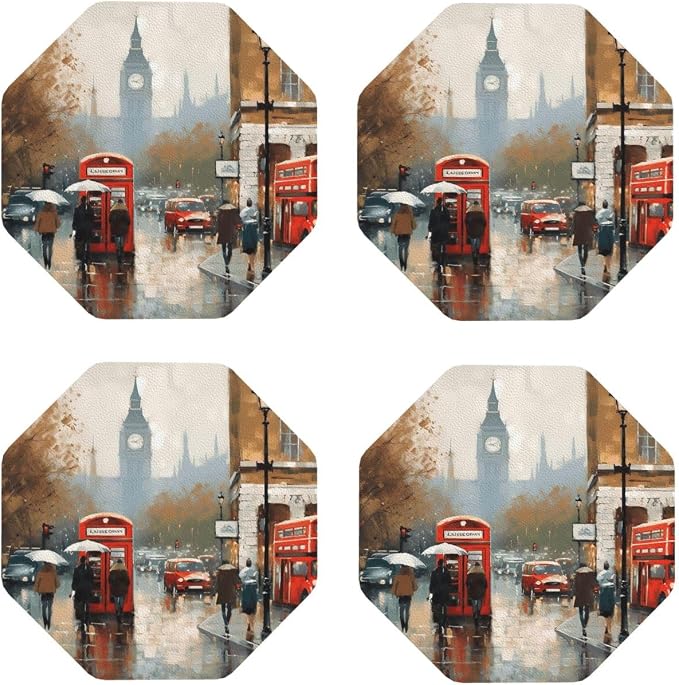 4Pcs Leather Coaster for Drinks London Impression Cup Coasters Aesthetic Drink by WSOIHFEC