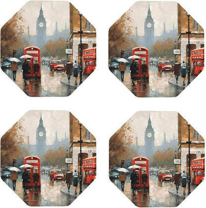 4Pcs Leather Coaster for Drinks London Impression Cup Coasters Aesthetic Drink by WSOIHFEC