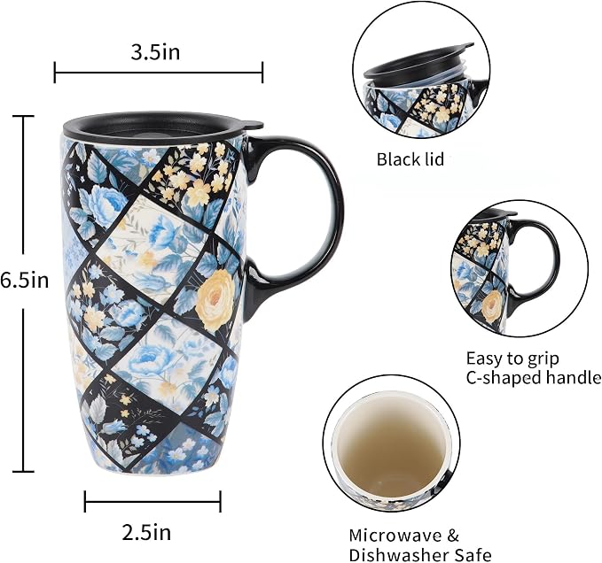 Topadorn 17oz Diamond Floral Ceramic Travel Mug - Image 9