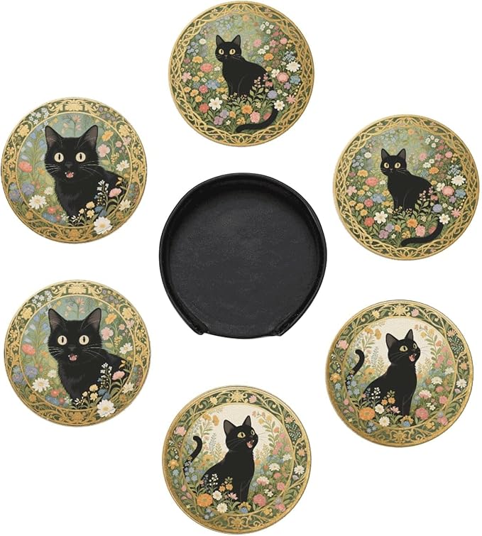6 Pcs Black Cat Flower Drink Coasters by Cayiibe