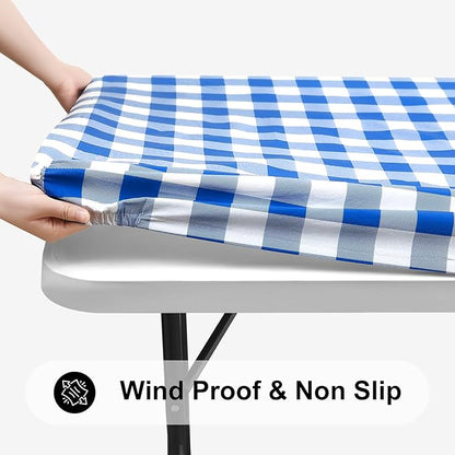 Smiry Rectangle Picnic Table Cloth, Elastic Waterproof Fitted Vinyl Tablecloths, Flannel Backed Buffalo Plaid Table Covers for Dining, Camping, Outdoor (White and Blue, 36" x 96")