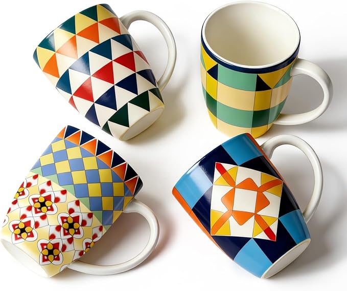 Bohemian Ceramic Coffee Mugs Set of 4, 15oz/450ml Geometric Pattern Tea Cups by Momugs
