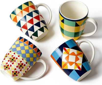 Bohemian Ceramic Coffee Mugs Set of 4, 15oz/450ml Geometric Pattern Tea Cups by Momugs