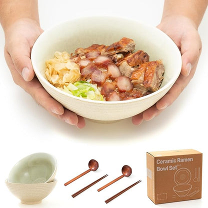 8 Inch Ceramic Ramen Bowl Set of 2, 40oz Japanese Bowls with Spoons & Chopsticks,Durable,Microwave & Dishwasher Safe,Perfect for Ramen,Pho,Salad,Soup,Noodles，Mixing bowls（Verdant）