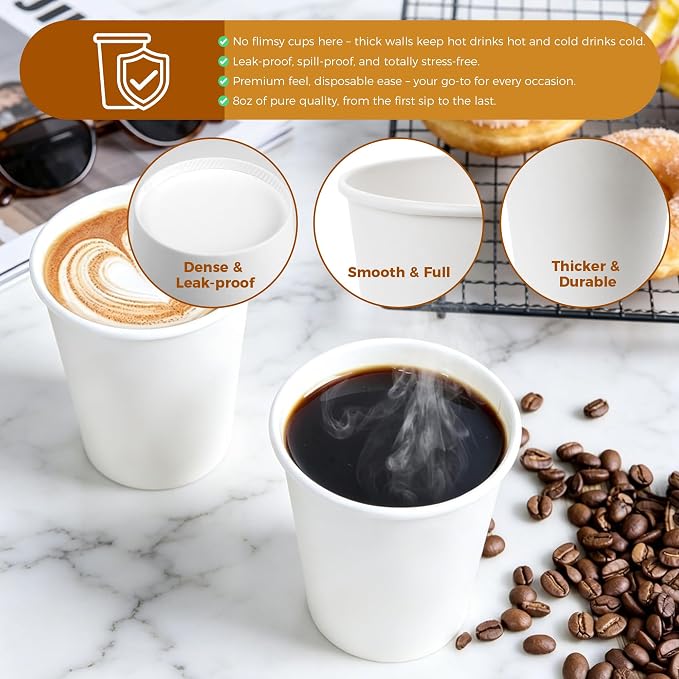 300 Pack 8 oz Paper Cups, Disposable White Hot and Cold Coffee Cups | Water - Image 2
