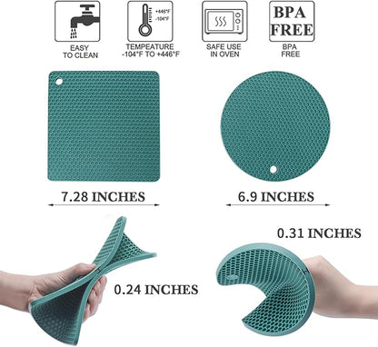 4 Pack Silicone Trivets for Hot Dishes, Dark Green Silicone Hot Pads Trivet for Hot Pots and Pans, 4 PCS Heat Resistant Silicone Mats Pot Holders for Kitchen Counter, Large Coasters & Jar Opener