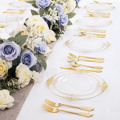 Morejoy 100pcs Gold Plastic Plates - Clear Gold Disposable Plates - 7.5 inch clear and gold dessert plates, Clear Plastic Plates with Gold Rim for Weddings & Parties & Shower