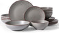 Famiware Venus Speckled Dinnerware Set with Pasta Bowls, Service for 4 (16 Pieces), Stoneware Plates and Double Bowls Sets, Microwave & Dishwasher-Safe Dishes with Trim, Matte Dark Grey