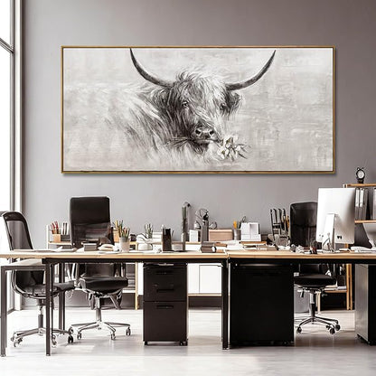 Framed Extra Large Gray Gold and White Cow Canvas Wall Art with Flower Modern Farmhouse Animal Poster for Living Room Bedroom Office Wall Decor 40x88 Inch