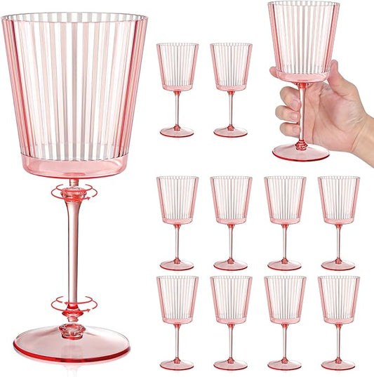 12 PCS Pink Plastic Wine Glasses with Removable Stems 13.5 Oz Pink Ribbed Wine Glasses Square White Wine Glass Muted Pastel Colors Goblets Elegant Fluted Glassware for Wedding Anniversary Birthday
