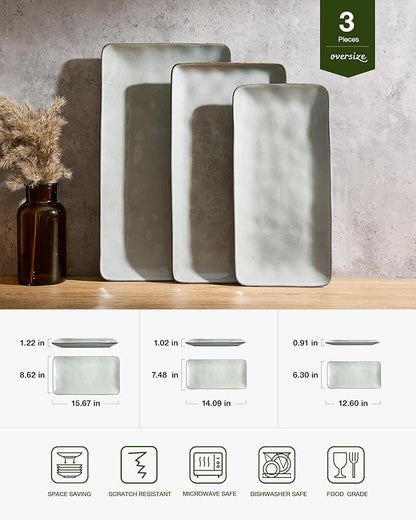 Famiware Serving Platter, Rectangular 15.67/14.1/12.6inch Serving Dishes for Entertaining, Reactive Glaze, Stoneware Serving Trays for Party, Food, Turkey, Snack, Cheese, Ocean Series, Grey