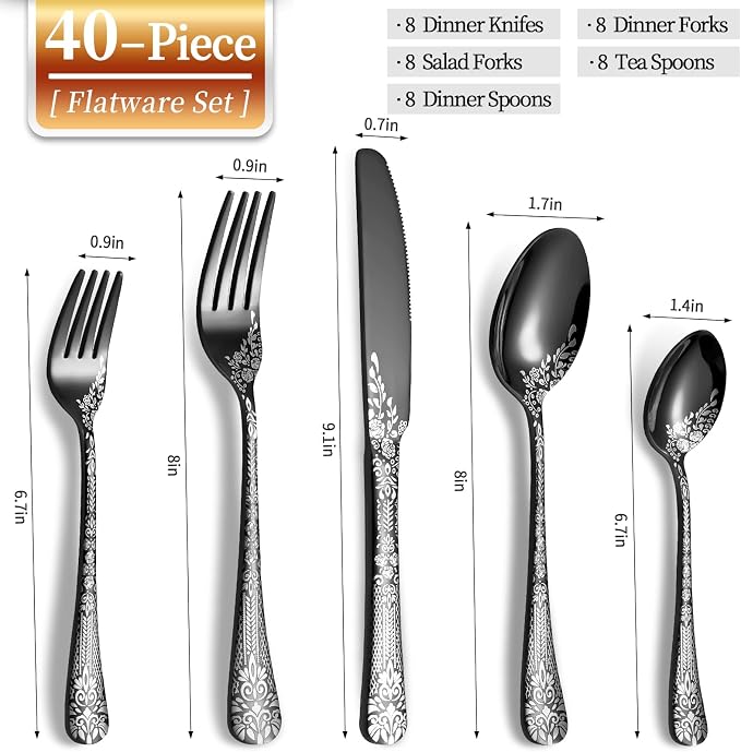 40 Piece Black Silverware Set, Stainless Steel Flatware Cutlery Set Service - Image 2