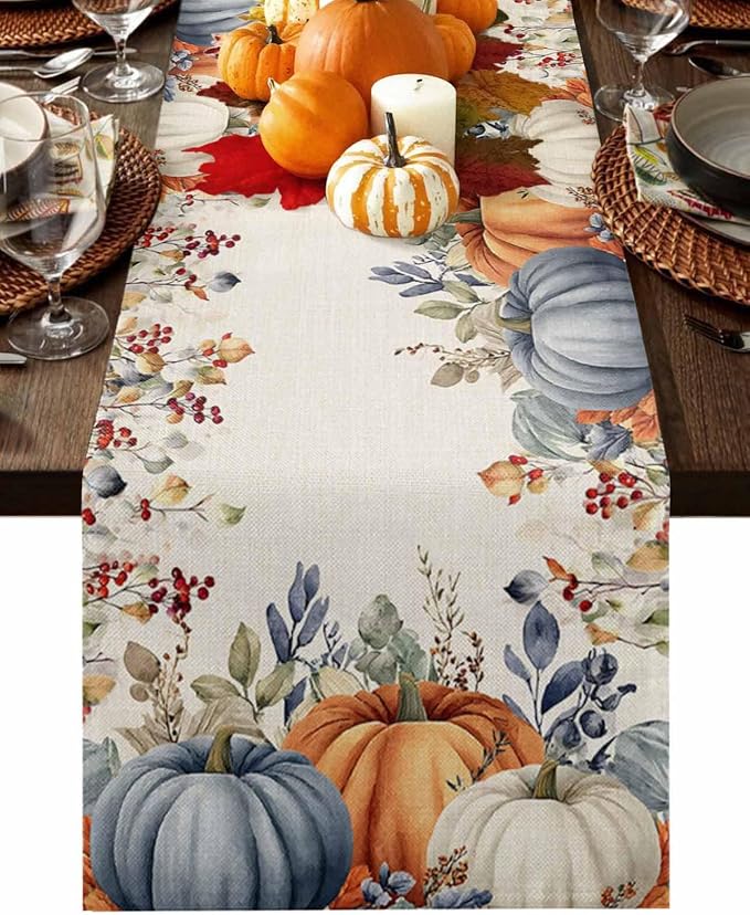Fall Thanksgiving Table Runners 108 Inches Long, Cotton Linen Fabric Autumn by Edwiinsa