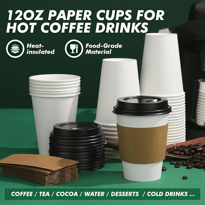 12 oz Disposable Paper Coffee Cups, 50 Pack | Leak-Proof, - Image 7