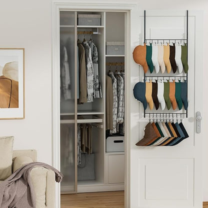 HapiRm Over Door Hat Rack - 3 Tier Wall Mounted Hat Organizer with 16 Hooks and 10 Movable Clips, Baseball Cap Organizer Storage Holds up to 26 Caps for Door, Bedroom, Closet USPTO Patent Pending