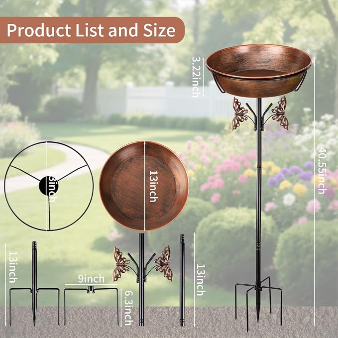 40In Metal Bird Bath for Outdoors, Removable 3" Deep 13" Dia Bowl Heavy-Duty - Image 3
