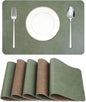 Cowhide Pattern Faux Leather Placemats Set of 6,Heat Resistant Non-Slip Waterproof Wipeable Washable Kitchen Dining PU Table Place Mats,Double-Sides Available,Green Brown