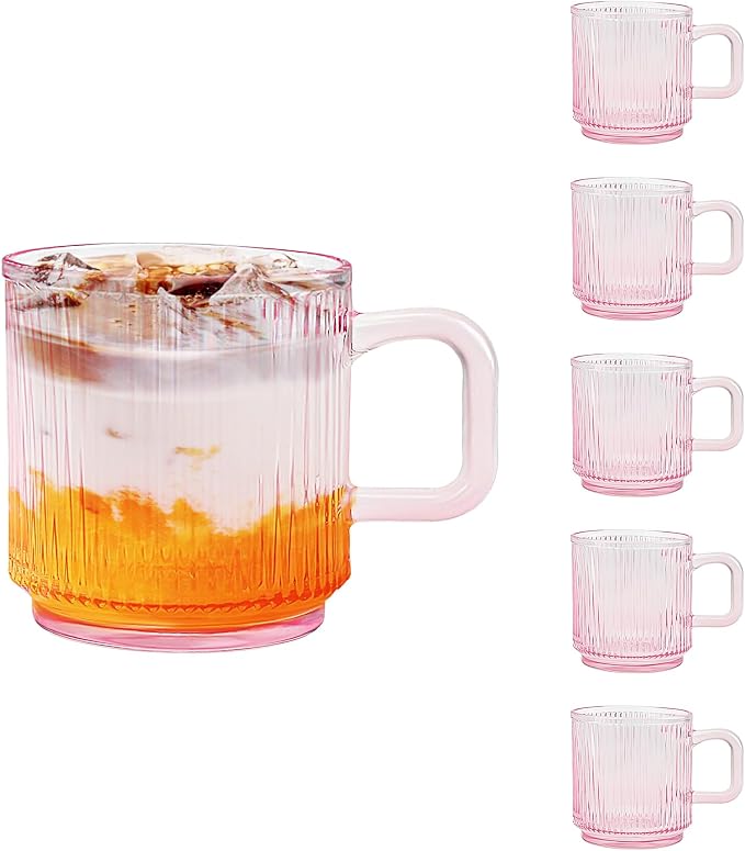 Glass Coffee Mugs 6 Pack - 12 OZ Pink Coffee Cups - Classic Vertical Stripes by binsakao