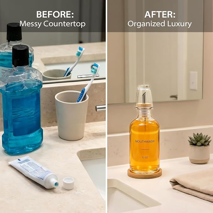 Glass Mouthwash Dispenser for Bathroom, Stainless Steel & Bamboo Nozzle - Image 3