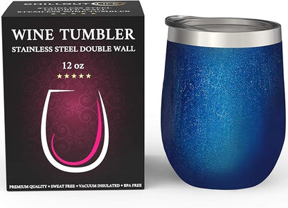CHILLOUT LIFE 12 oz Stainless Steel Wine Tumbler with Lid - Double Wall Vacuum Insulated Wine Cup Glass Keeping Cold & Hot for Coffee, Champagne, Cocktails, Ice Cream - Blue Sparkle