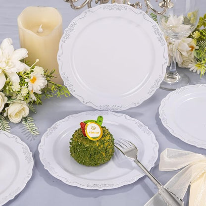 DaYammi 60PCS White and Silver Plastic Plates, Heavy Duty White and Silver Disposable Plates Premium 7.5inch White Dessert Cake Salad Appetizer Platos Hard Plastic Platos Disposable for Party Wedding