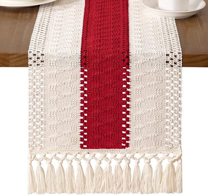 MLMW Boho Ivory Red Table Runner Farmhouse Burlap Small Table Runner Dresser - Image 3