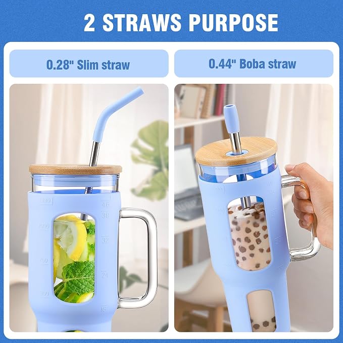 WINSA Glass Tumbler with Lid and Straw, 46 oz, Glacier | Iced Coffee Cup with - Image 2