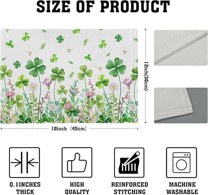 Green Shamrock Placemats Set of 4, 12 x 18 Inch Clover Lucky Floral Heat Resistant Linen Farmhouse Table Dining Place Mats for Seasonal Spring Kitchen Home Decor