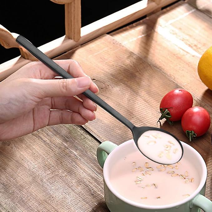 IQCWOOD Korean Soup Spoon Stainless Steel, 8.5 Inch 8-Piece Black | Long Handle - Image 5