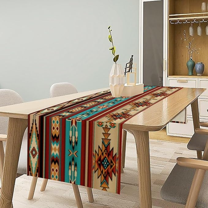 Aztec Southwest Table Runner, Ethnic Style Design Geometric Triditional Kitchen - Image 2