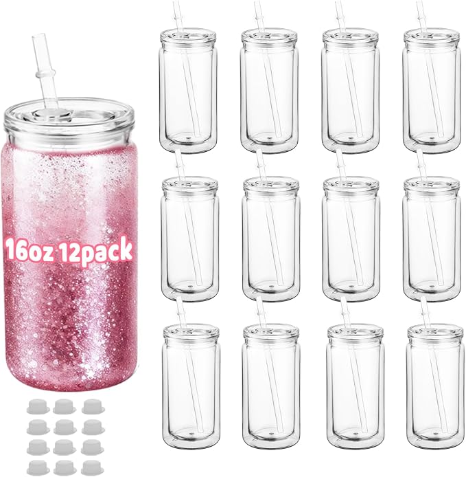 12 Pack 16 oz Acrylic Snow Globe Tumbler Cups, Double Wall Plastic, Pre-Drilled by Cuguords
