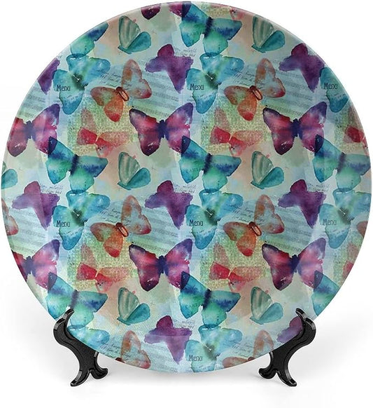 Ceramic Plates, Abstract Decorative Ceramic Plates, Watercolor Rainbow Colored Butterflies and Letterings Music, 6 Inch, for Dining, Parties, Wedding, Multicolor