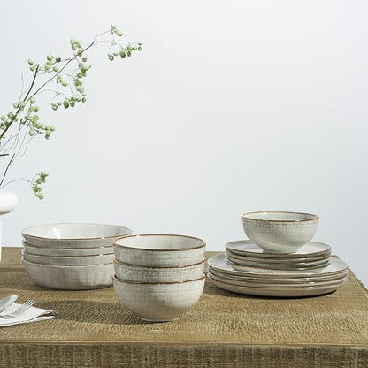 Famiware Moonlight Plates and Bowls Sets, 18 Pieces Stoneware Dinnerware Sets with Linen Finish, Handmade Dishware set for 6, Microwave and Dishwasher Safe, Scratch Resistant Tableware, Summer Sand