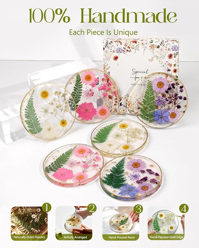 Oqplog Resin Drink Coaster for Desk Coffee Table-White Cute Dried Flowers Cup - Image 7