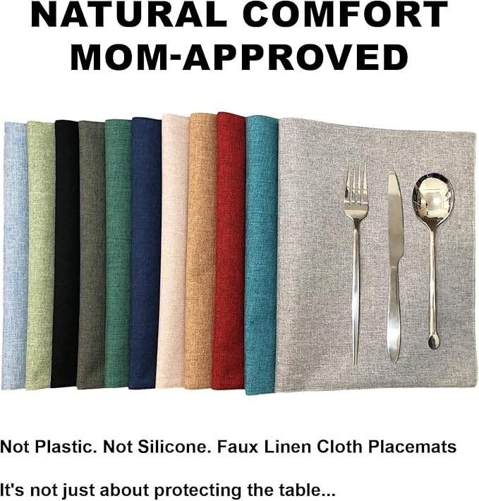 Cloth Placemats Set of 4, Cotton Linen Blend Machine Washable Double Layered Place Mats, Heat Resistant Placemats Wrinkle Free Thick Fabric Dining Table Mats for Indoors & Outdoors (Flaxen, 4)