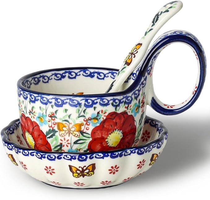 silesia Handmade Loop Handle Soup Bowl, Plate and Spoon Set Ceramic Hand by silesia
