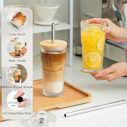 KEMORELA 20oz Ribbed Glass Tumblers - Image 3