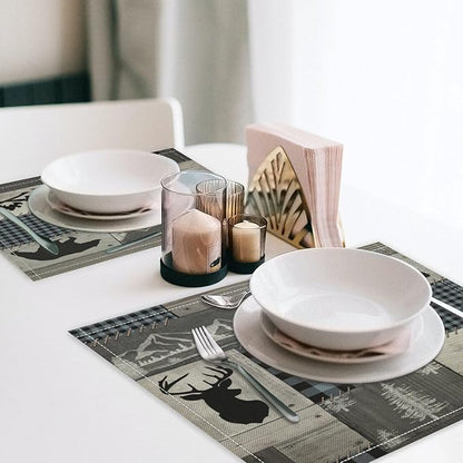 Bear Moose Deer Placemats Rustic Wildlife Moose Forest Animal Cabin Lodge Lake Pine Heat-Resistant Linen Table Place Mats for Dining Kitchen Country Camp Style Farmhouse Decor 6 PCS, Countryside-8